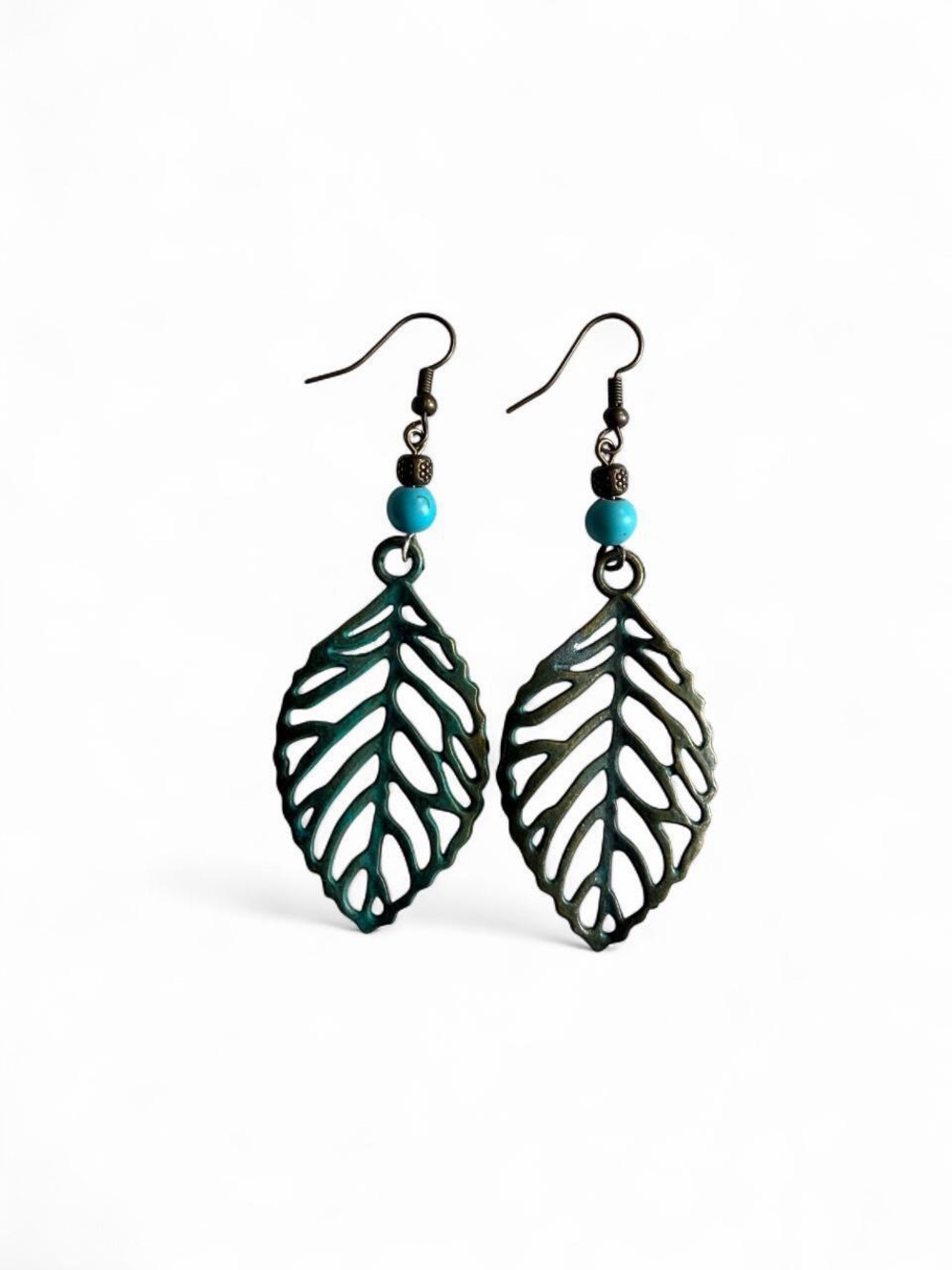 Handmade Boho Patina Bronze Leaf Dangle Earrings W/ Turquoise Beads